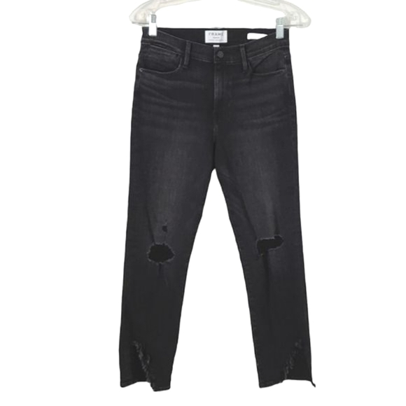 NWOT FRAME 29 Black Denim Le High Straight Side Fray Jeans in Killington Size 29 - Picture 8 of 16